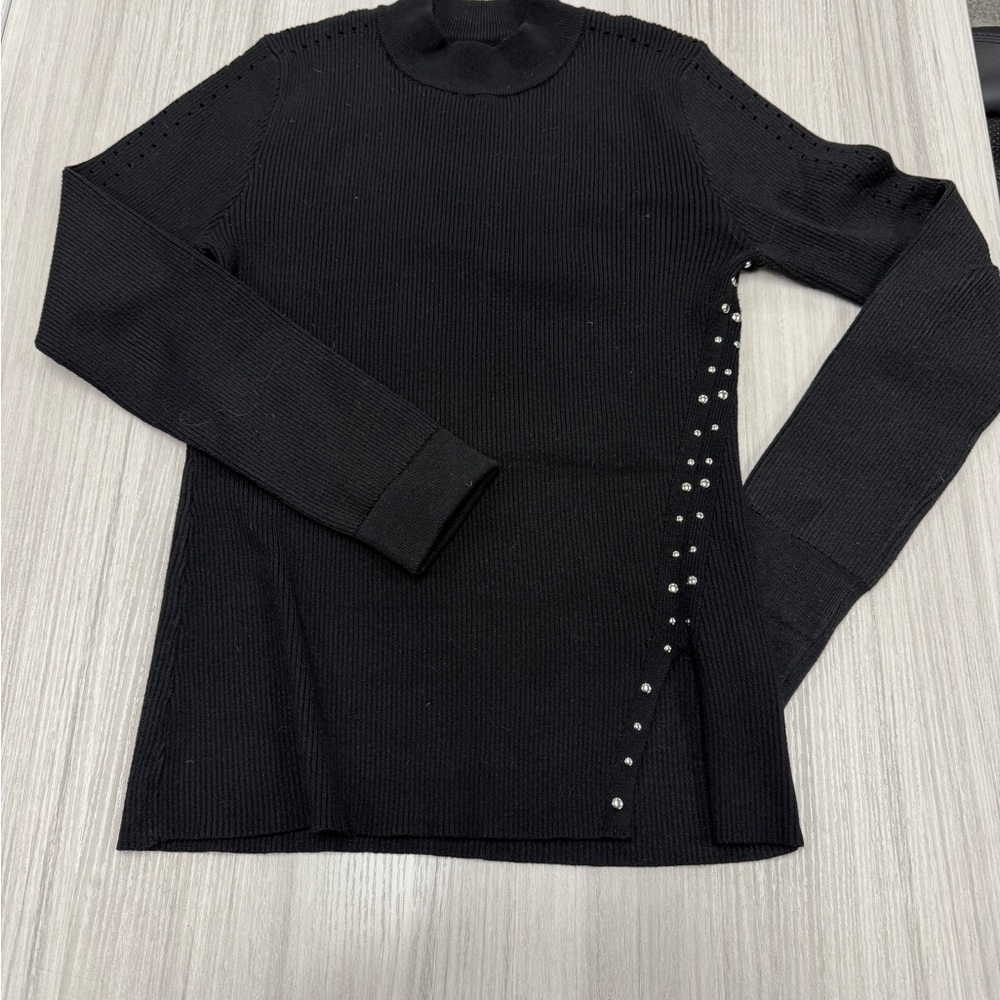 Commense Black Turtleneck Sweater with Pearl Details